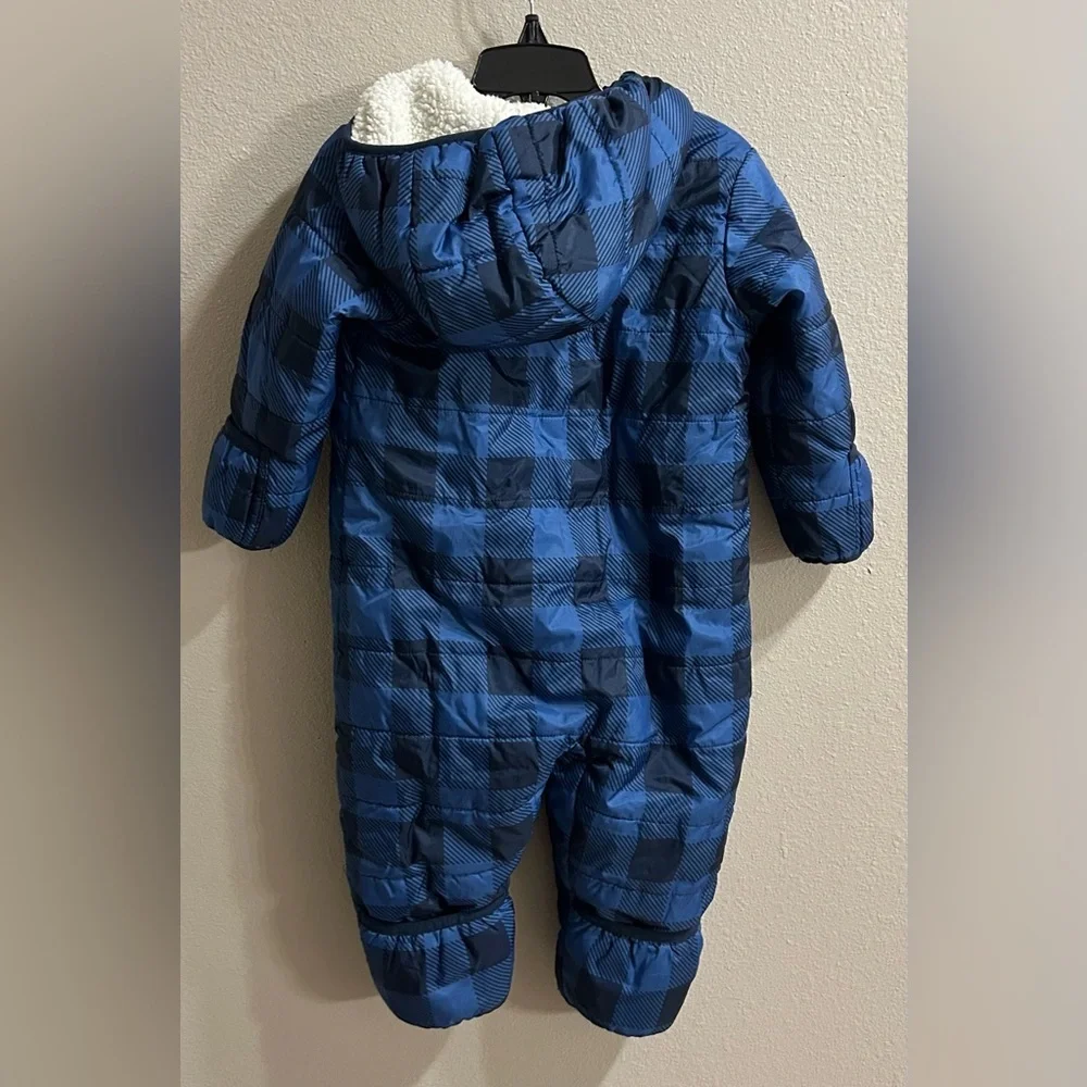 Eddie Bauer Baby Snowsuit Size 12 Months Blue Plaid Fleece Lined Warm Cozy